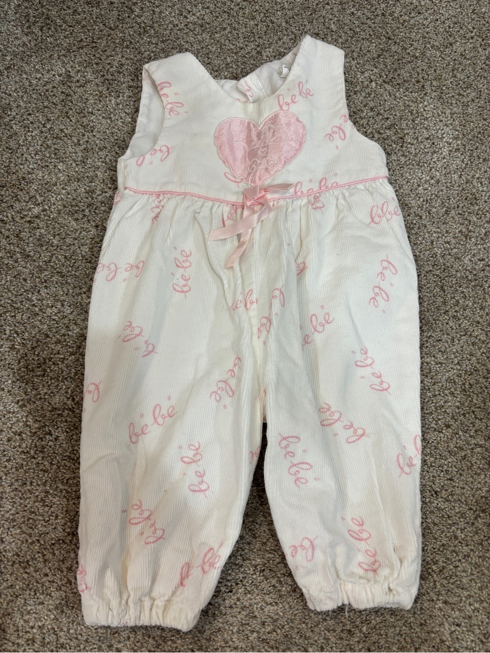 Vintage “Bebe” baby girl corduroy jumpsuit 3-6 months white and pink